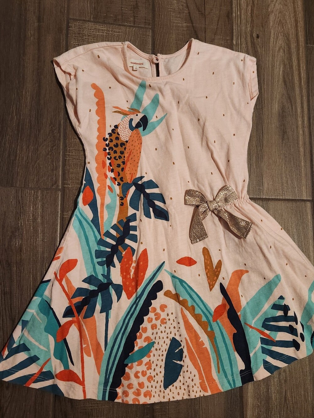 Catimini Pink Dress with Multicolor Tropical Parrot Print and Gold Bow